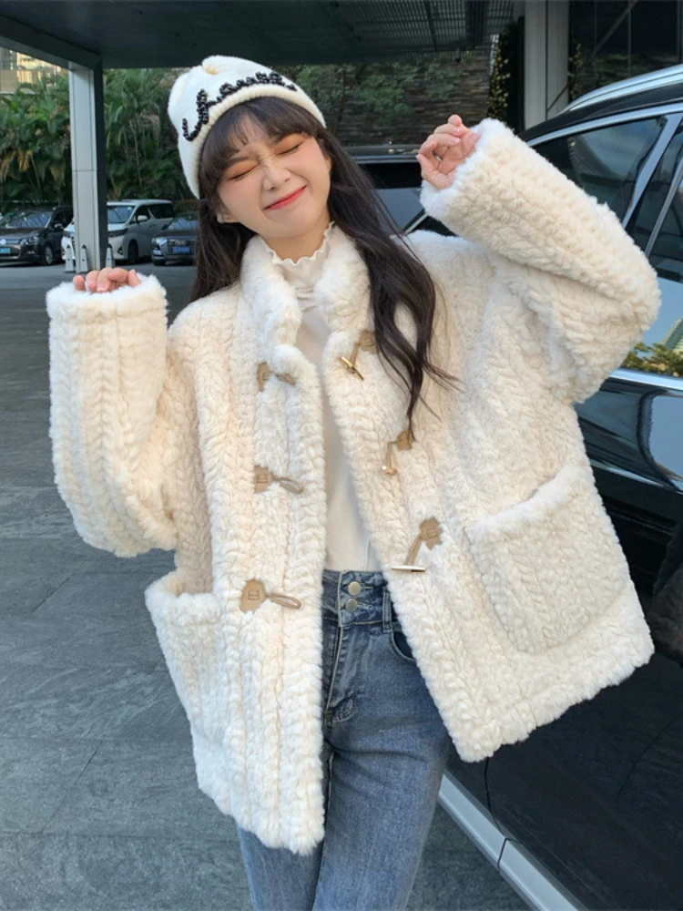 

Women's Lamb Wool Long Sleeve Coats Horn Button Warm Jacket Women Korean Fashion Casual Thick Tops Autumn Winter New 2024