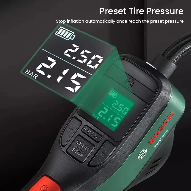 Bosch EasyPump-inflador eléctrico para neumáticos, bomba de aire inalámbrica portátil con pantalla LED, 150PSI/10.3Bar, para coche, bicicleta y motocicleta