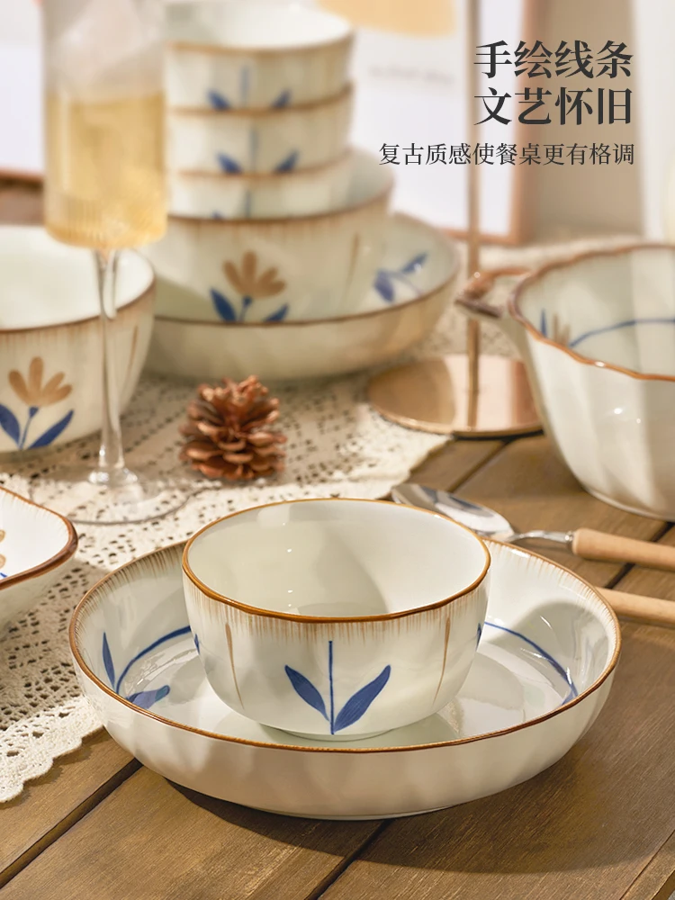 Tableware Set Ceramic Underglaze Round Dish Plant Flower Chinese Household New Japanese Chopsticks Plate Housewarming High Sense