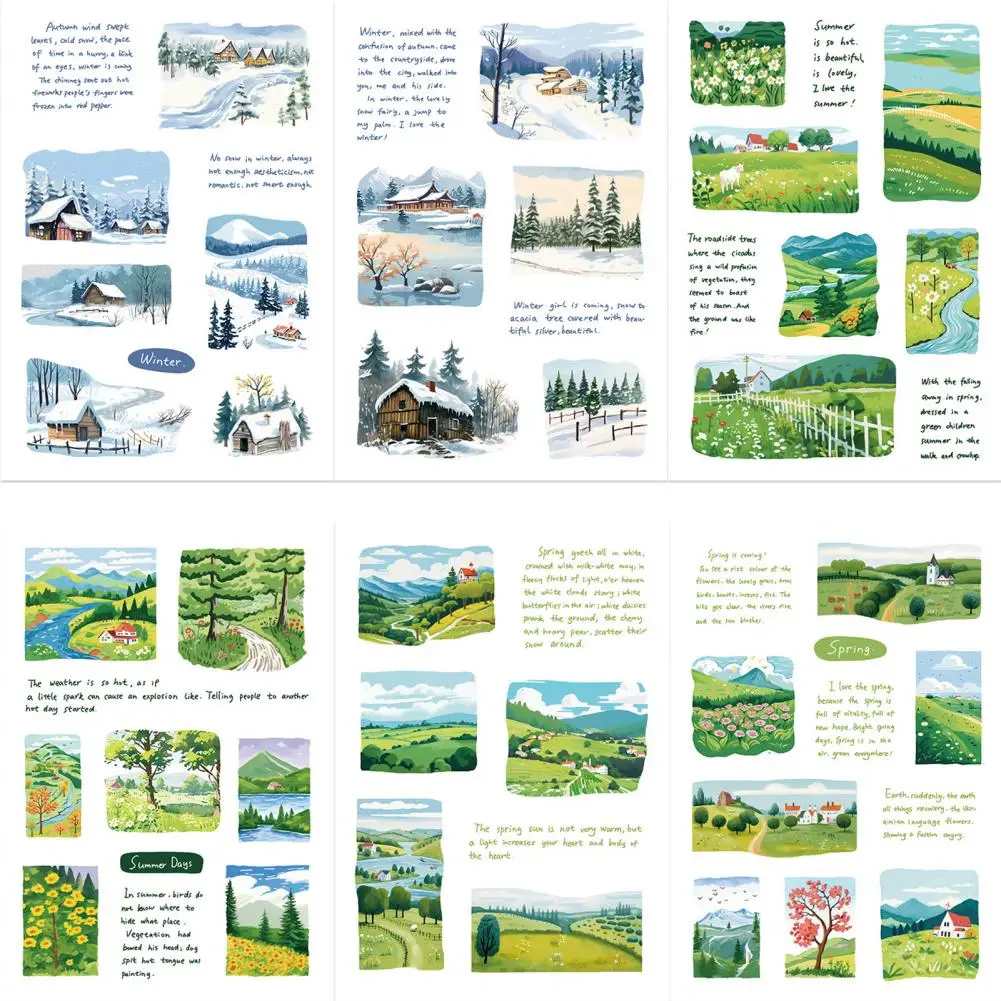 ชุดสติกเกอร์ทิวทัศน์สี่ฤดูสำหรับ DIY ที่คลุมโทรศัพท์แล็ปท็อปสมุดเก็บภาพติดรูป PVC กันน้ำ8แผ่น