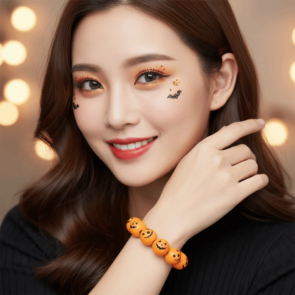 Devil Eye Bangle Elastic Halloween Bracelet Stretchy Wooden Pumpkin Beads Bracelet Durable Orange Wood Wristband Couples