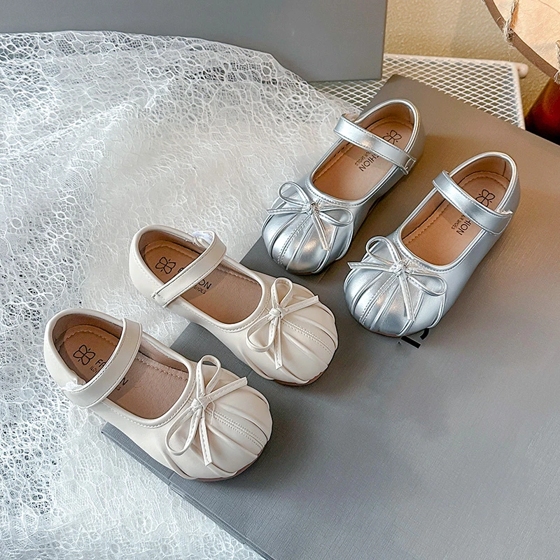 

Summer Girl's Mary Janes Bowknot Sewing Wrinkled Sweet Kid's Flat Shoe Beige Silver Soft Sole Daily Trendy Children Shoes 4-6Y