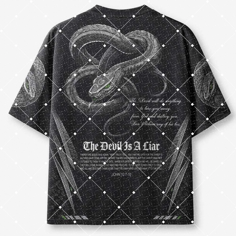 Dark Snake Sword Football Jersey The Devil Is A Liar Bible Verse Print V‑Neck Gothic Black Short Sleeve Sports Tee Top view 3