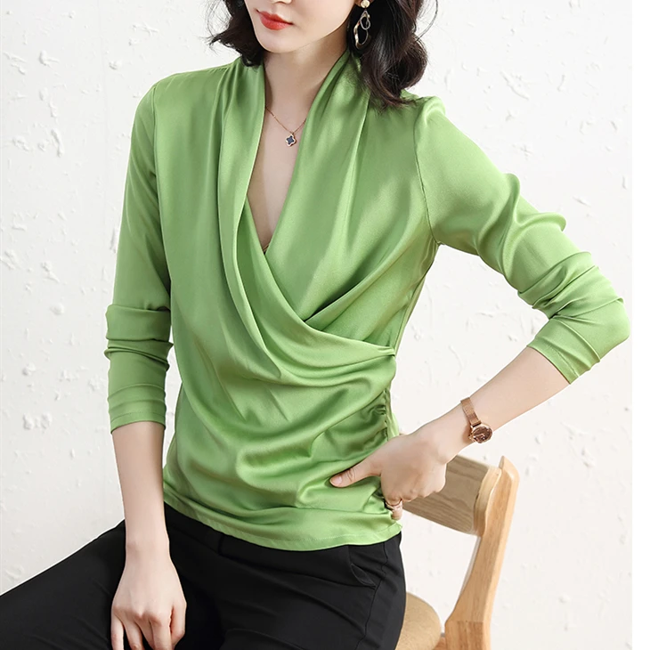 2026 New Solid Satin V-Neck Left Lower Fold Long sleeved Women's Autumn Shirt Temperament Elegant Top camisetas de mujer roupas