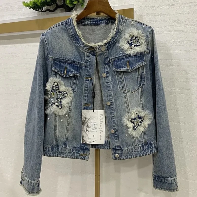 

Denim Jacket for Women's Spring Autumn 2024 New Heavy Industry Beading Jeans Coat Fashion O-neck Short Outerwear Female