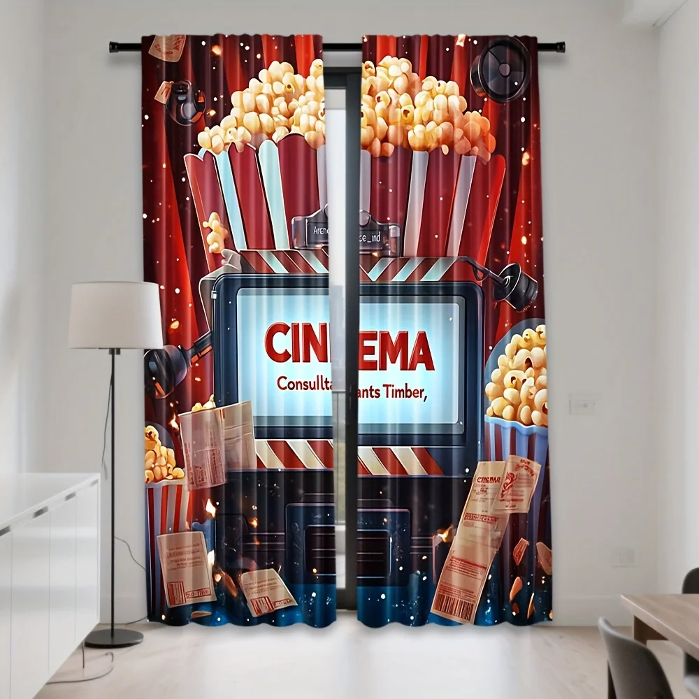 Cinema Theme Curtains, Popcorn Movie Ticket Graphic Window Drapes, Home Theater Room Decor, Blackout Fabric for Kids