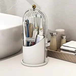 Toothbrush and Toothpaste Holders with Cover, All Pink | Waterproof and Dustproof, 360° Rotating Base, Smooth Sliding Door, 3 Slots, for Bathroom Countertop