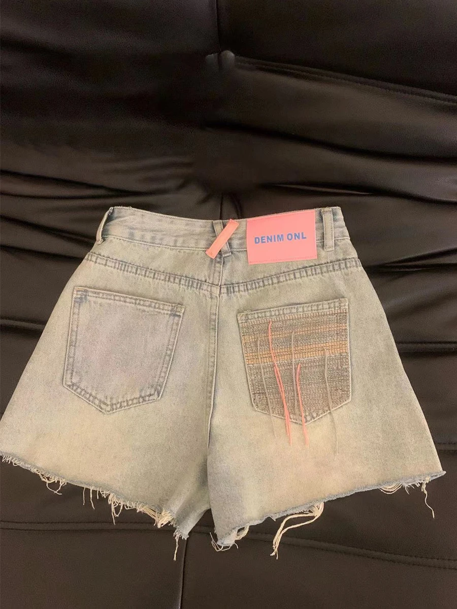 

High Waist A-Line Denim Shorts Women's plus Size Hole Design Summer Thin Wide Leg Pants Casual Style Blue Color