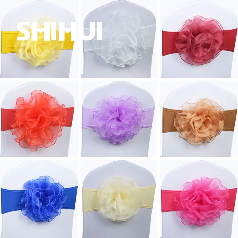 Chair Sashes Tie Organza Big Flower Knot Cover Back Elastic Belt Bow For Hotel Banquet Wedding Birthday Party Event Decoration