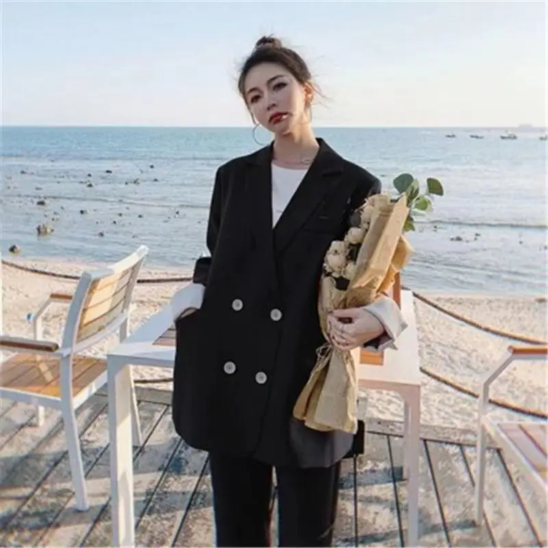 

Woman's Winter Retro Casual Double-breasted Blazer Wide Pant Set Commuter Solid Double-breasted Loose Suit Pant Two-piece Sets