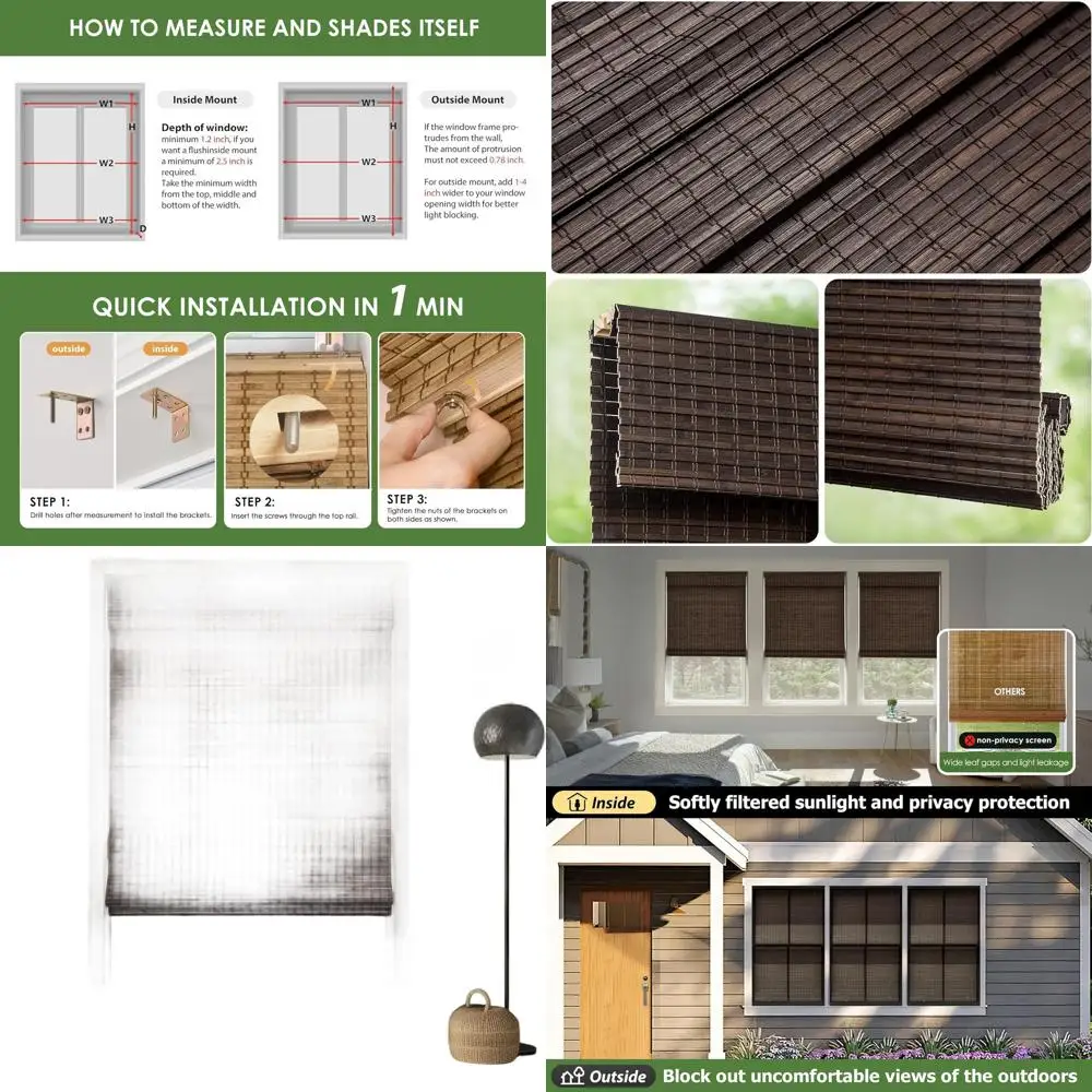 

Espresso Roman Bamboo Blinds, Cordless Privacy & Room Darkening, 29.5x64 for Home & Patio