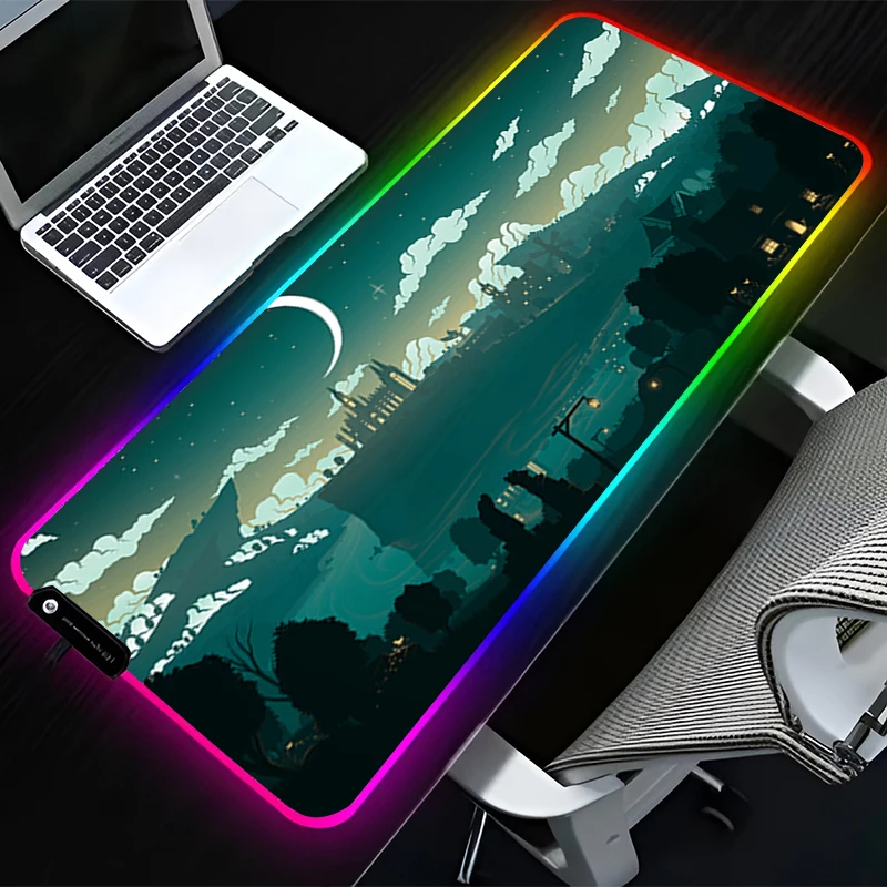 

RGB светодиодный коврик для мыши, резиновый коврик для мыши с рисунком, аксессуары для ПК, настольный коврик, нескользящий коврик для стола, офисный коврик для клавиатуры с природным пейзажем