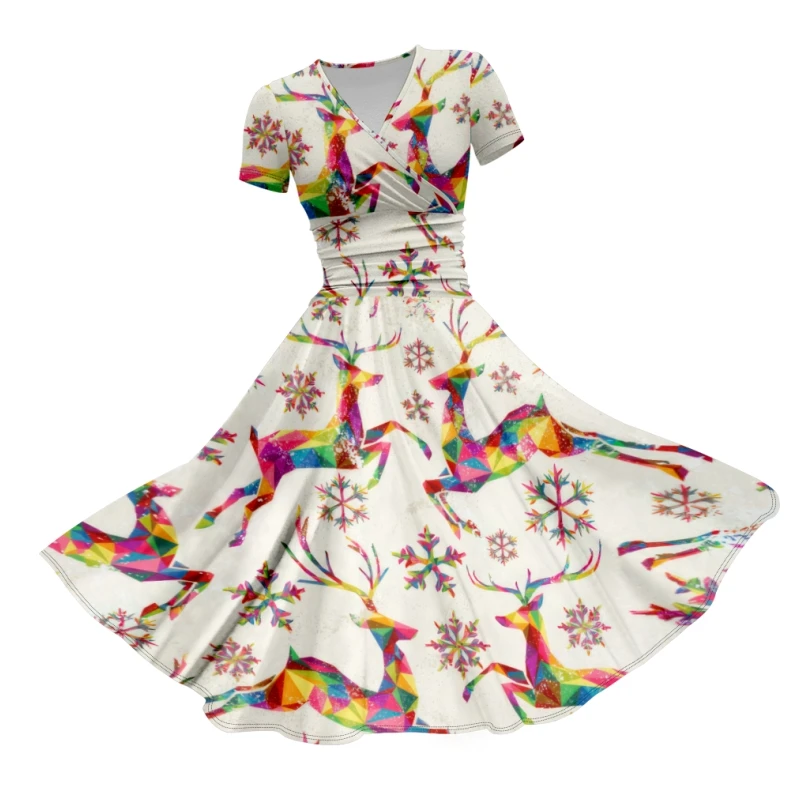 Summer Ladies Colorful Deer Pattern Elegant Full Print Casual Skirts Short Sleeve V Neck Dresses