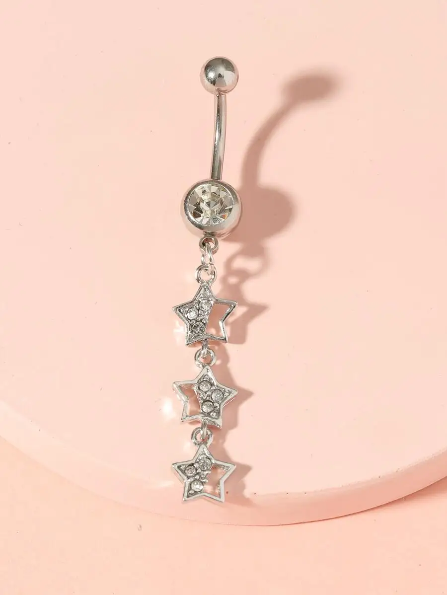 

Silver Belly Ring With Three Crystal Star Dangles And Round Rhinestone Top For Women Summer Piercing Accessory