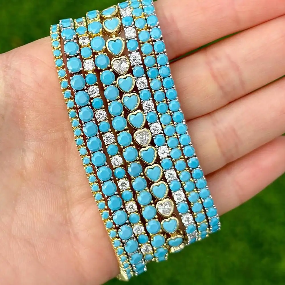 New Styles Fashion 3mm Blue Turquoises Stone Tennis Chain Bracelet For Women Girl Hip Hop Gold Color Jewelry Wholesale