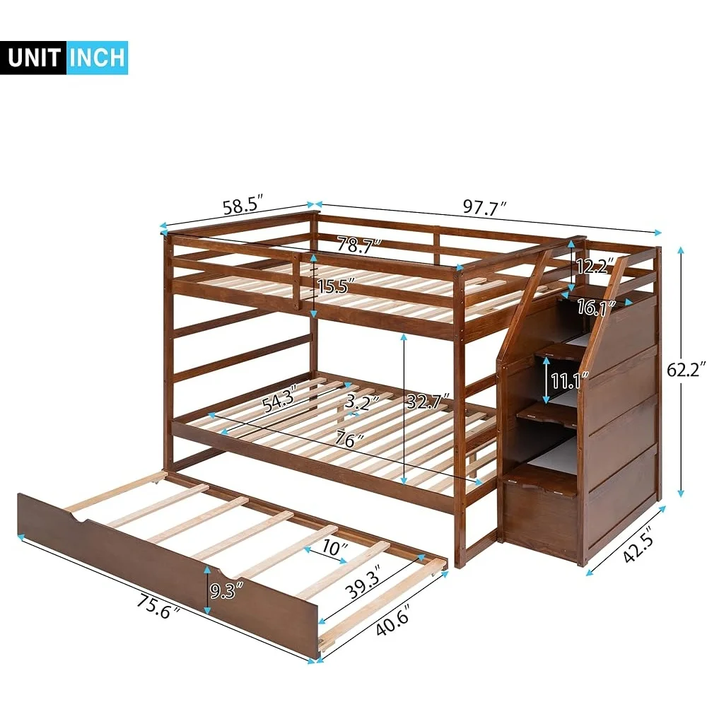 Twin Over Twin Bunk Bed with Trundle and Storage Stairs Solid Pine Wood Frame No Box Spring Needed Space Saving Design