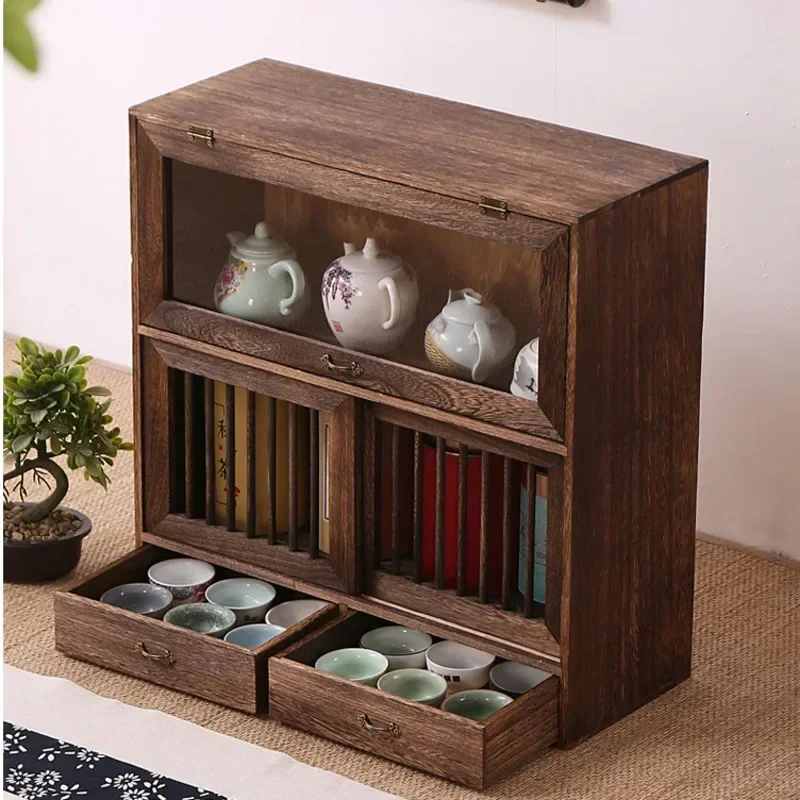 Antique Chinese Tea Cup Display Cabinet, Multi-Functional Dustproof Storage Rack for Teapots