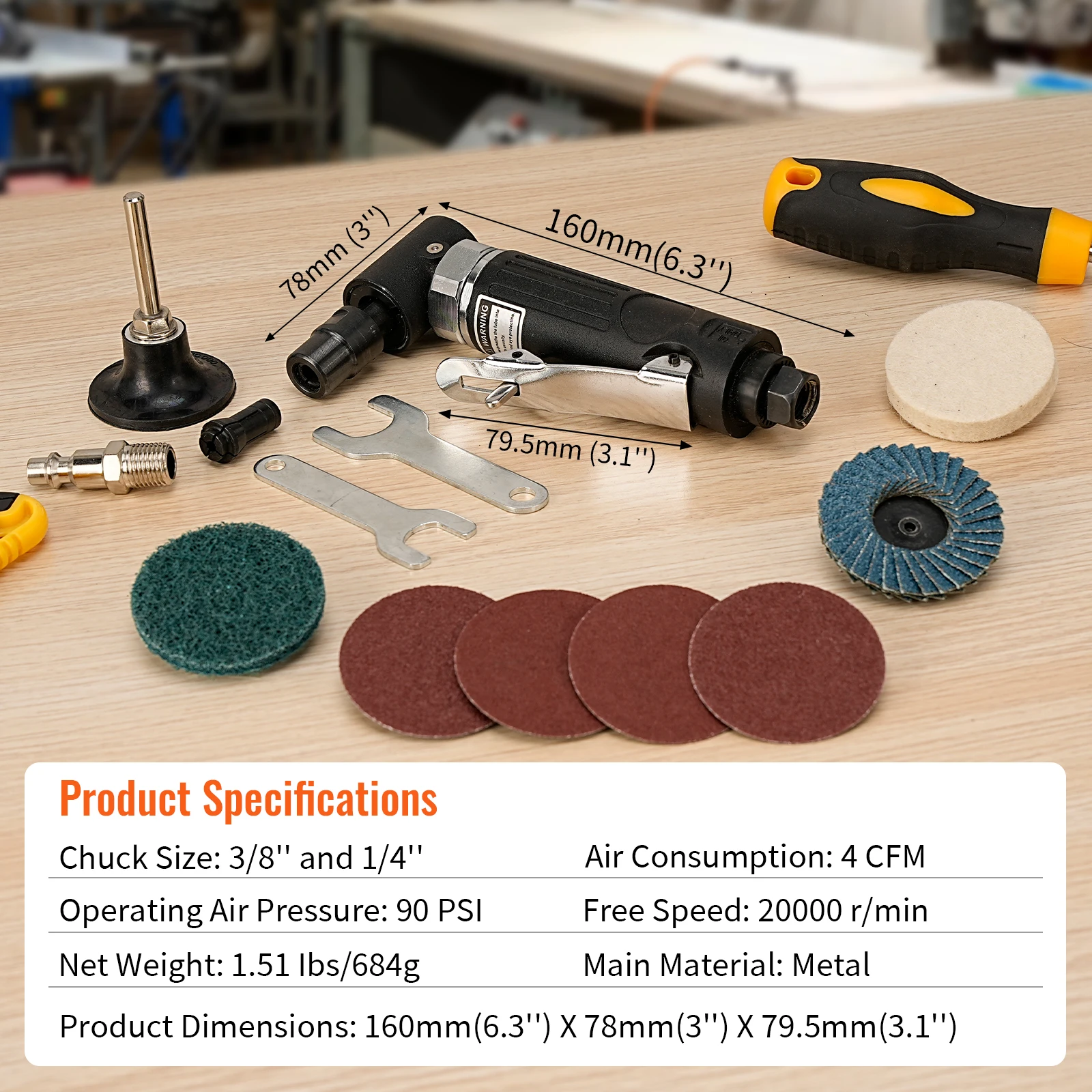 NunDunco 90 Degree Air Die Grinder Mini Air Grinder 2Inch Roll Lock Sanding Discs for Deburring Rust Removal Metal Grinding