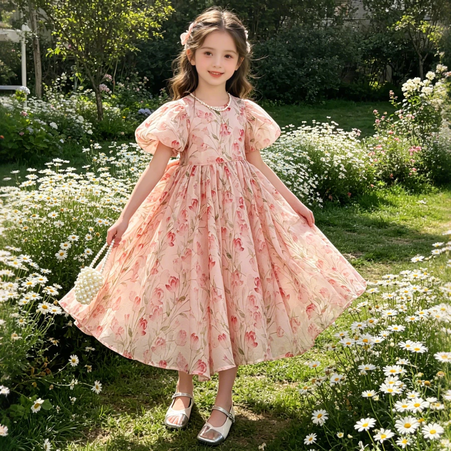 

Girls Floral Chiffon Maxi Dress Puff Sleeve Tulip Print for Birthday Party Formal Occasion Elegant Summer Kids Vacation Dress