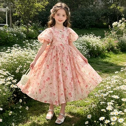 Girls Floral Chiffon Maxi Dress Puff Sleeve Tulip Print for Birthday Party Formal Occasion Elegant Summer Kids Vacation Dress