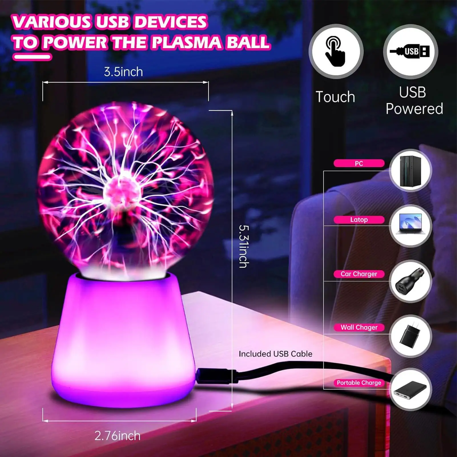 

Table Lamp for Bedroom USB Powered Touch Sensitive Lighting 7-Color LED Plasma Ball Lamp Interactive Touch Lighting Globe for