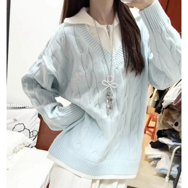 Cable Knit Contrast Women Collar Sweater Half Zip Pullover Chunky Oversized Preppy Y2K Cozy Autumn Winter Layer Top