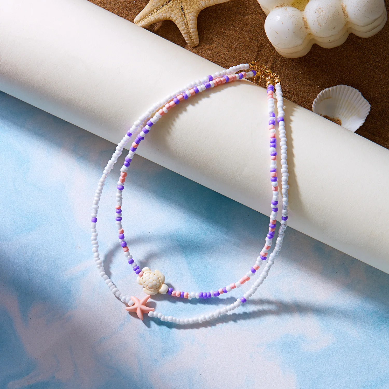 Bohemian Doppel Reis Perle Kette Schlüsselbein Halskette für Frauen Acryl Schildkröte Seestern Anhänger Halsband Sommer Strand Mode Schmuck – Detail 8