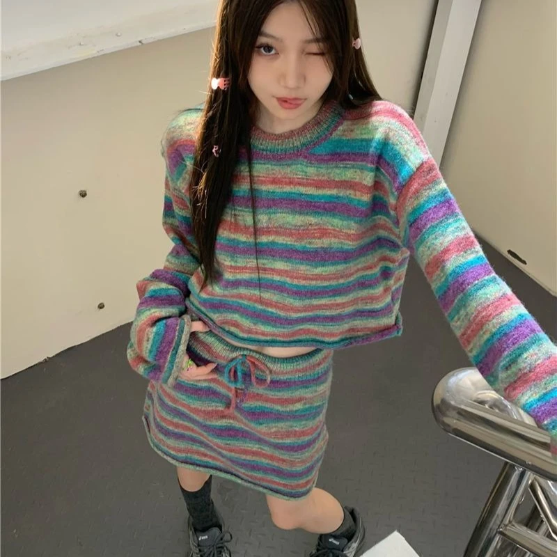 

Deeptown Y2k Vintage 2 Piece Sets Women Korean Style Striped Knitted Skirt Sets Autumn Winter Street Sweater Sets Aesthetics