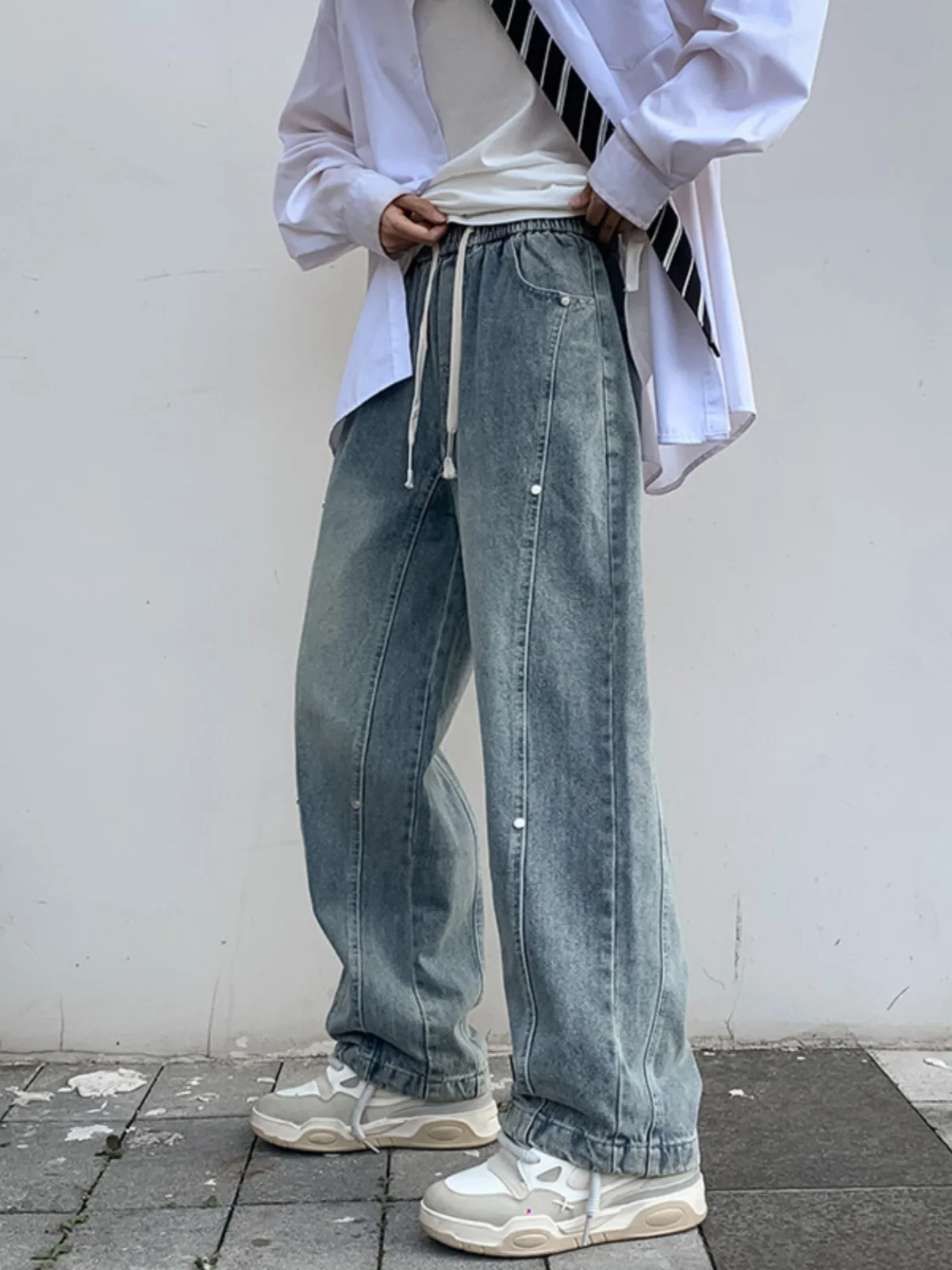 

Loose Straight Leg Men's Jeans Elastic Waist Rivet Design Street Sle American Retro Trendy Brand Casual Long Pants