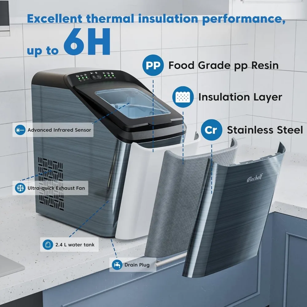 Máquina de gelo auto-limpante, Fabricantes de gelo de bancada preta, 33Ibs, Camada espessa de isolamento, Aço inoxidável resistente