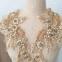 1 paio di paia di Applique in pizzo con perline di strass in oro Champagne, accessori da sposa per abiti da sposa, perline di cristallo Birdal