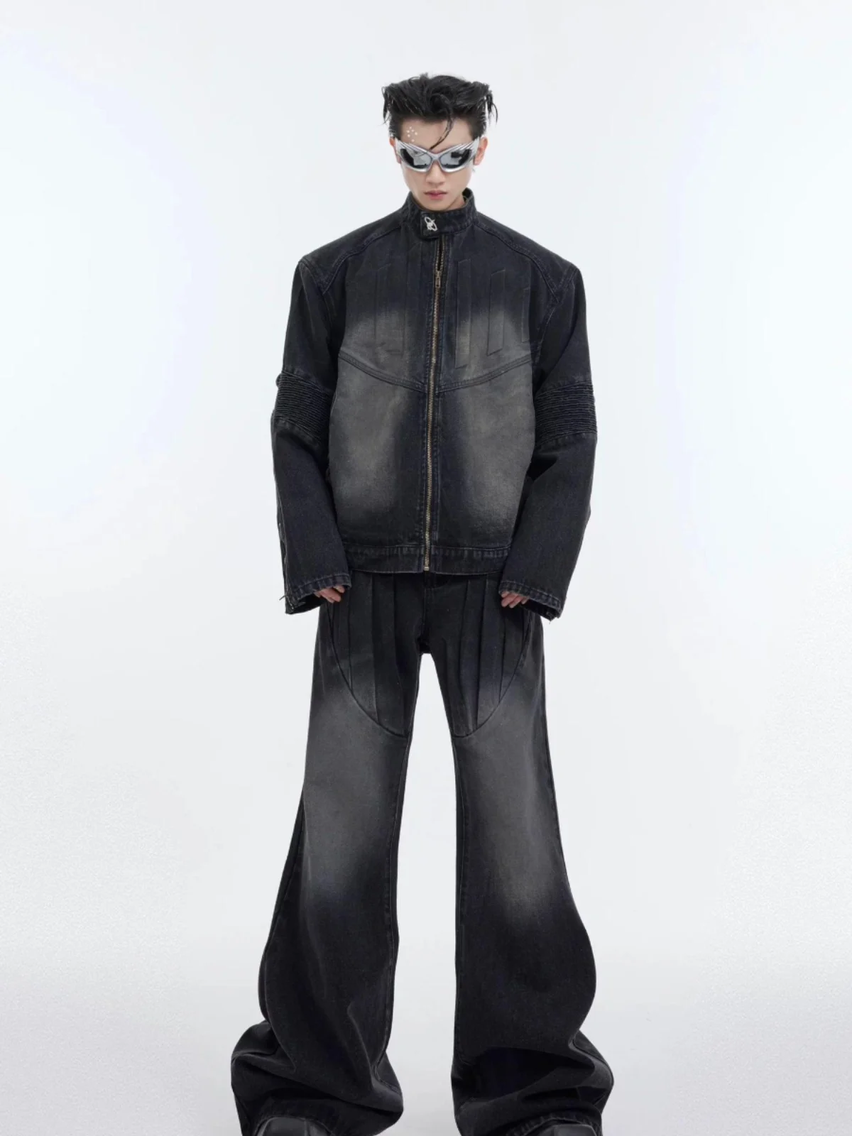 

American High Street Heavyweight Denim Set Men's Deconstructed 3D Emed Design Vintage Jaet Two-Piece Set