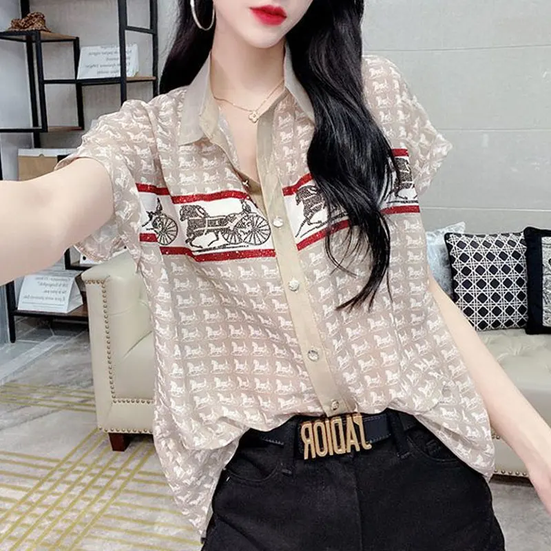 Vintage Printed Fashion Diamonds Shirt Summer Turn-down Collar Casual Chic Single-breasted Female Korean Loose Spliced Blouse