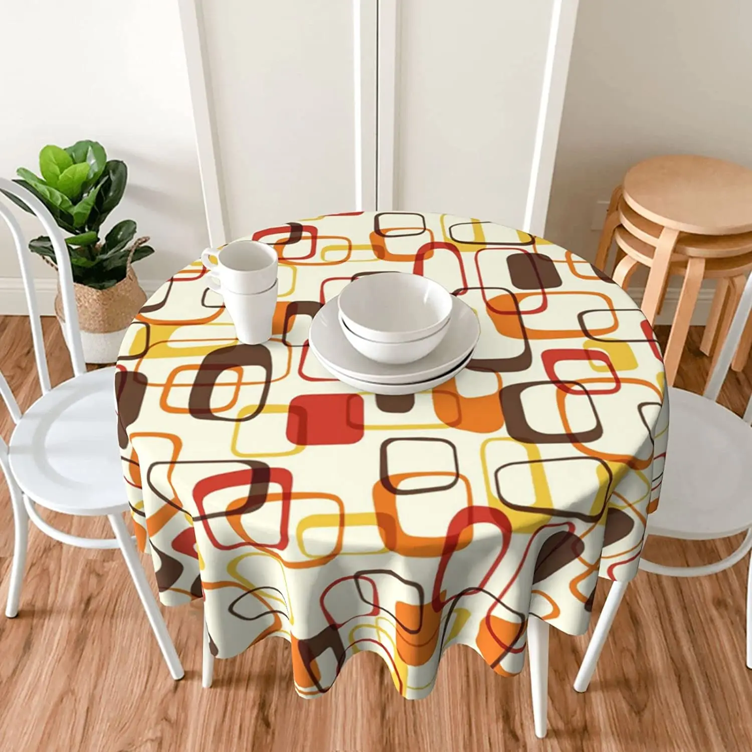 Retro Mid Century Geometric Round Tablecloth Stain Wrinkle Resistant Table Cloth for Kitchen Daily Dinning Party Tabletop Decor