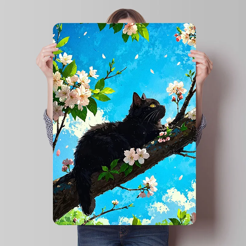 Schwarze Katze auf einem blühenden Baum, Blechposter, individuelle Wandkunst, Vintage-Metallschilder, Retro-Blechplakette für die Raumdekoration, gemütlich