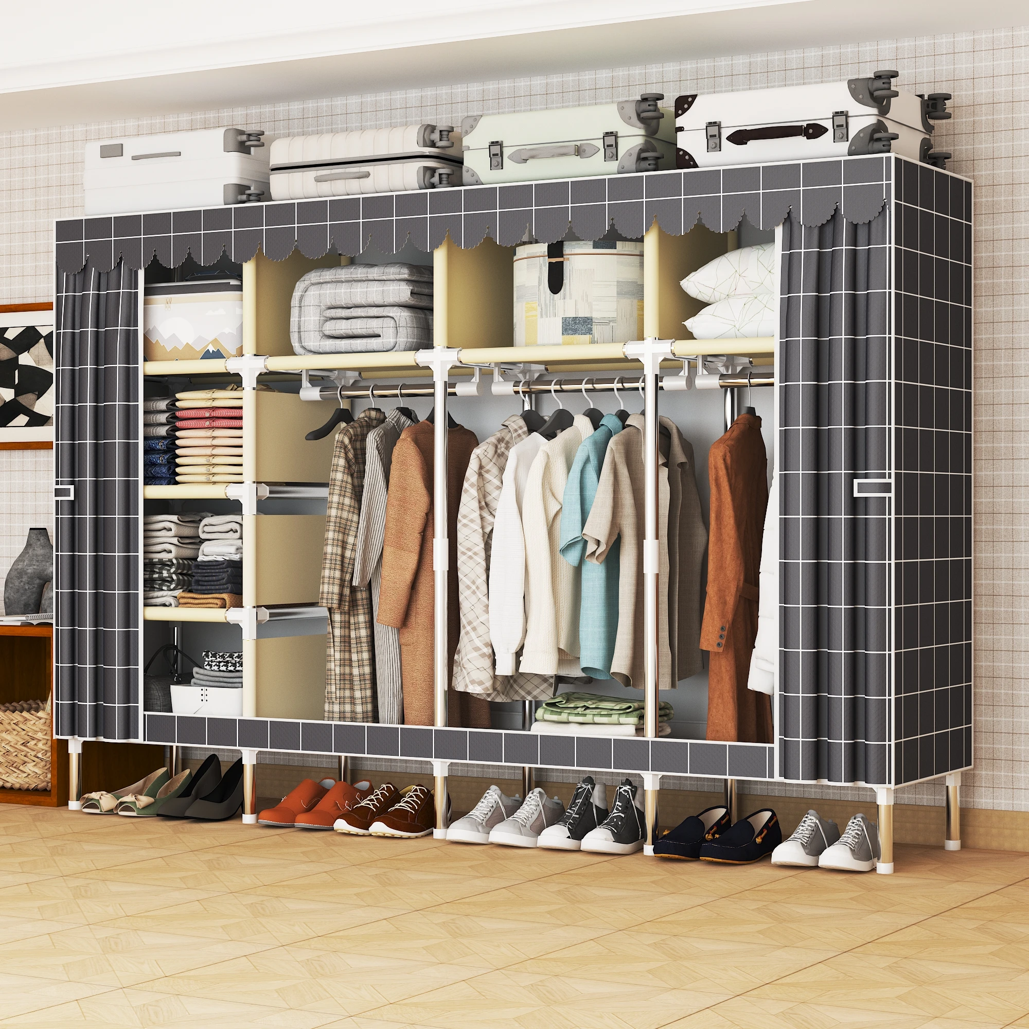 Portable Freestanding Wardrobe - 3 Hanging Areas & 7 Storage Zones, Ideal for Bedroom, Dorm & Small Space