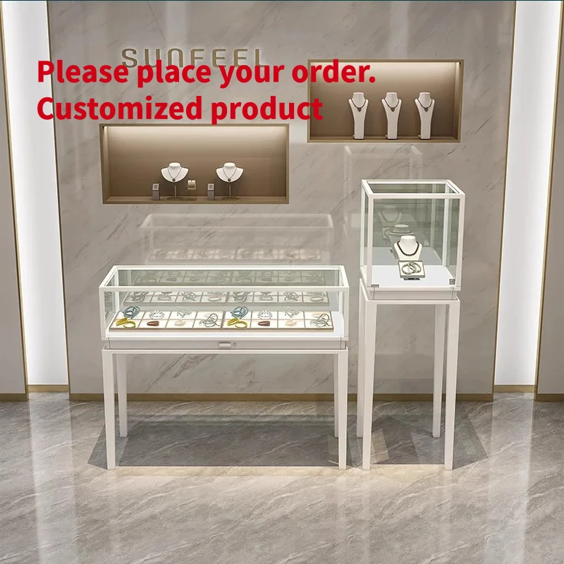 custom.Customizable Design Modern Rectangular MDF LED Gold Glass Counter Showcase Retail Store Mall Featuring Modern Silver Jewe