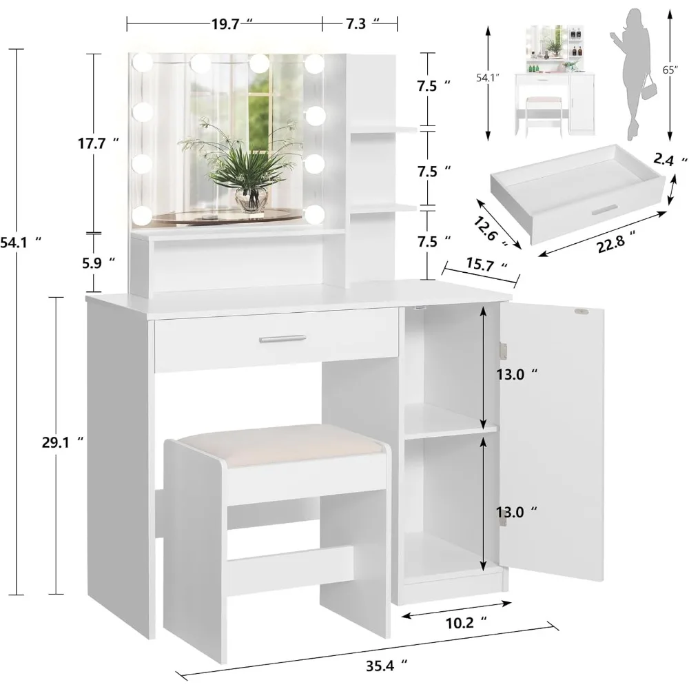 Makeup Vanity Desk for Valentine's Day, Vanity Desk Set with 1 Drawer, 1 Cabinet & 3 Shelves, Makeup Vanity Table.