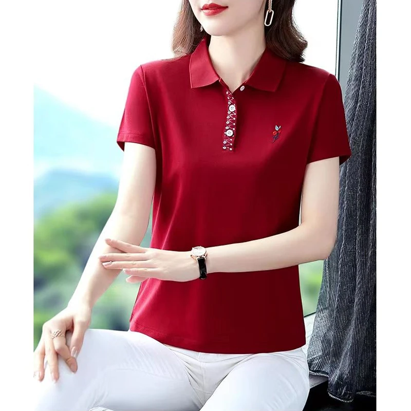 Women\'s Clothing 2024 New Summer Korean Fashion Embroidery Loose Tees Short Sleeve Polo Collar T-shirts Female Casual Solid Tops