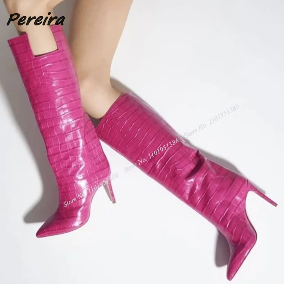 

Pereira Pink Slip on Cut Out Boots Stiletto High Heel Boots Knee High Pointed Toe Shoes for Women Heels Fashion Zapatillas Mujer