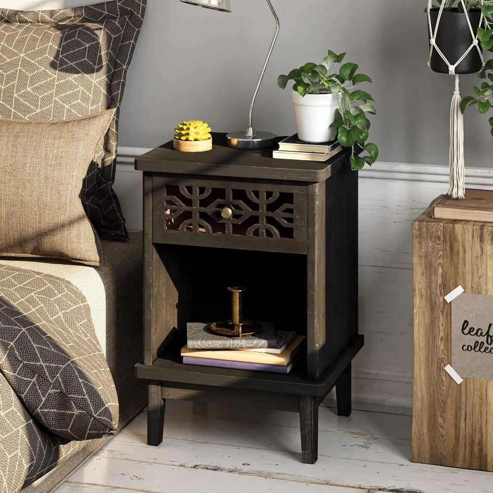 

Hand Carved Front and Open Shelf for Boho, Retro Rustic Nightstand,Farmhouse Style