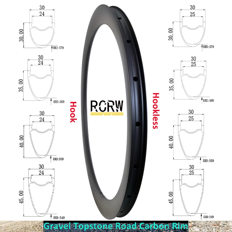 

700C Gravel Road 30mm 35mm 40mm 45mm Deep Carbon Rim 30mm Wide Hook Hookless Tubeless Clincher Disc 24 28 32Hole Topstone Wheel