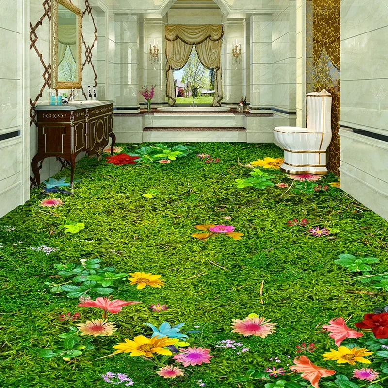 Custom 3D Floor Murals Flowers Grass Lawn Living Room Bedroom Balcony Waterproof Self-adhesive Floor Decor Mural PVC Wallpaper