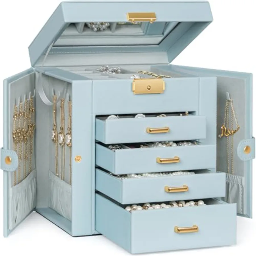 Jewelry Box for Women Leather Jewelry Organizer with Mirror and Lock 5-Tier Jewelry Storage Organizer with 4 Drawers for Girls/