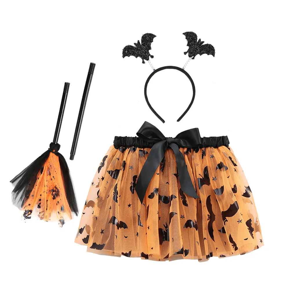Kids Halloween 3 Piece Set Pumpkin Bat Tulle Tutu Skirt with Lining Girls Costume Broom Wand Set