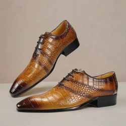 Nice Men Brown Leather Oxford Dress shoes Pointed Toe Derby Wedding For Business Special design Crocodile Grain Genuine sapatos