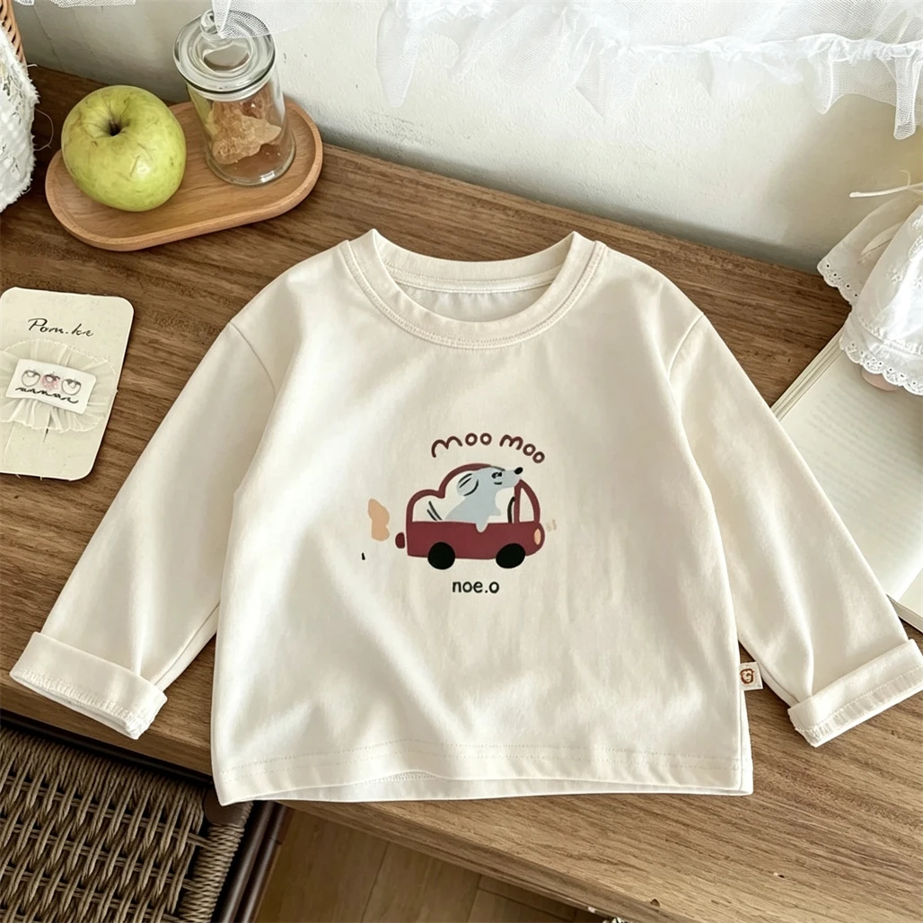 Cartoon Print Tshirt Children's Loose Casual Sports Tees Round Neck Bottoming Shirt Cotton Thin T Shirt Baby Cute Long Sleeve