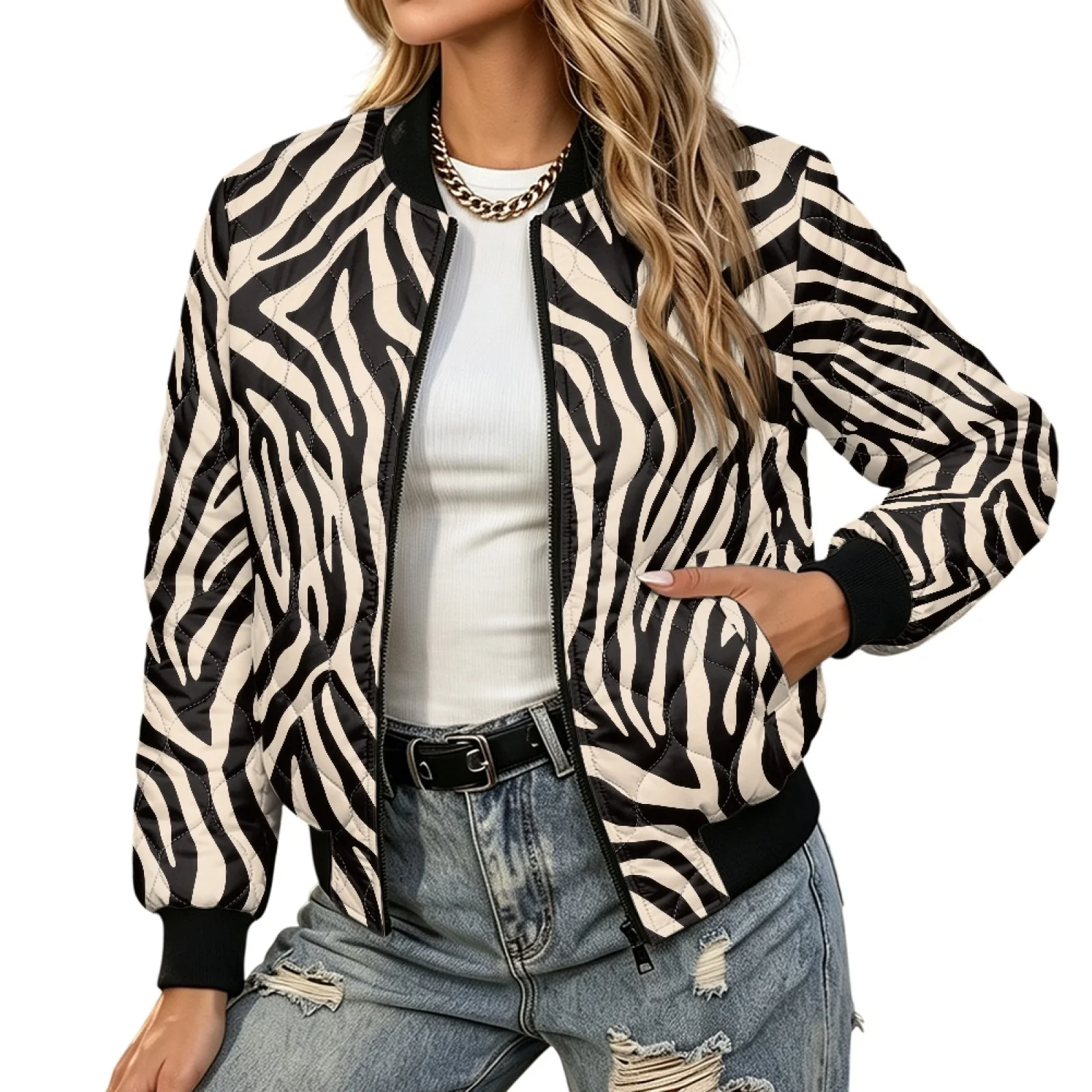 PENSTROLL Zebra Print Ladies Warm Quilted Padded Short Zip Outer Coat Windproof Winter Outerwear Coats for Travel