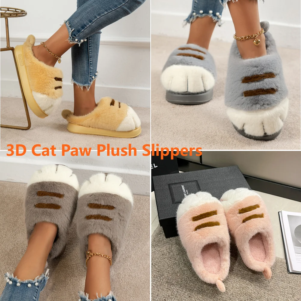 Zapatillas de felpa con forma de Pata de Gato en 3D, pantuflas térmicas planas y cálidas para invierno, Zapatillas de casa cómodas y esponjosas, zapatos de mujer con pata peluda, regalos