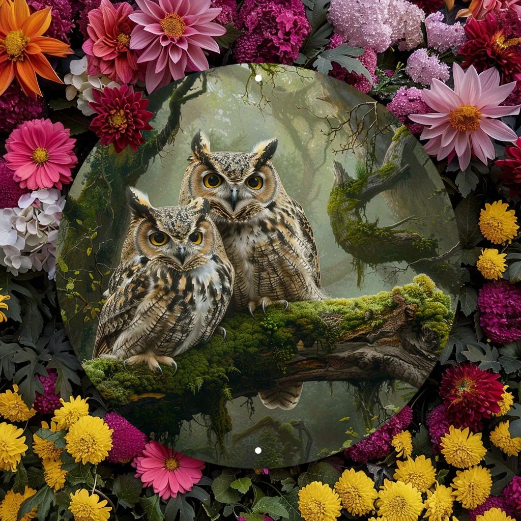 2D Flat, 1pc Vintage-Style Whimsical Owl Couple on Mossy Branch Round Metal Wall Art - 8x8 Inch (20x20cm) Outdoor/Indoor Decor,